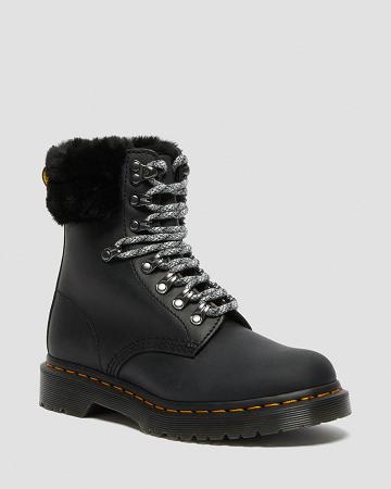 Botas con Cordones Dr Martens 1460 Serena Collar Faux Fur Forro Mujer Negros | MX 578UZG